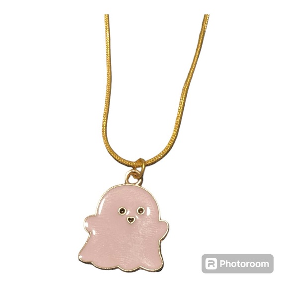 Gold  Pink enemal ghost pendent and gold necklace - Picture 1 of 2